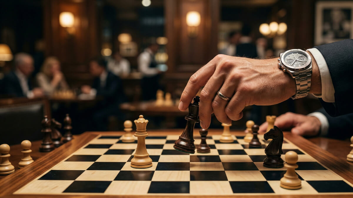 Eine Hand bewegt den König auf einem Schachbrett als Metapher für männliche Führung und Pick Up Strategie – Casanova Coaching.